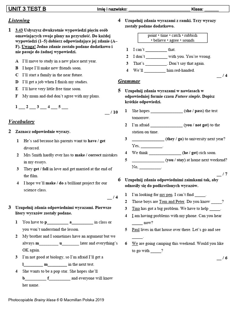 Brainy_kl6_Unit_Test_3_B | PDF Brainy Klasa 6 Testy Unit 3