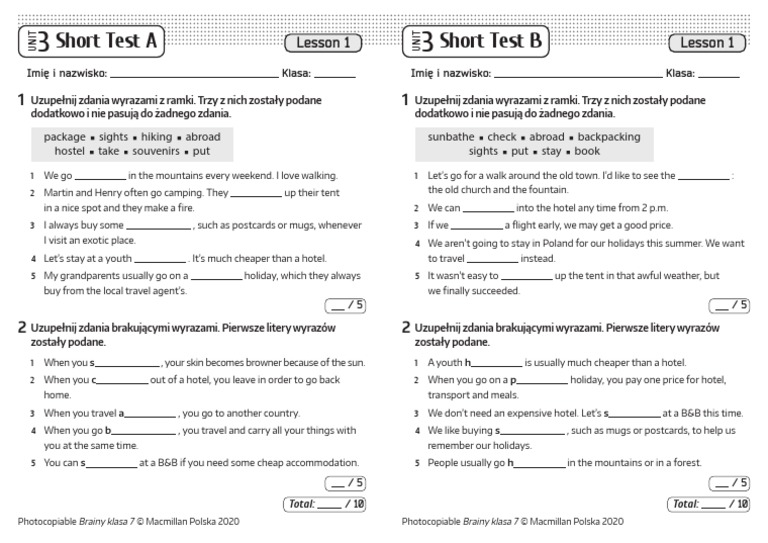 Brainy kl7 Short Tests Unit 3 Lesson 1 | PDF | Outdoor Recreation Unit 3 Test Angielski Klasa 7 Pdf