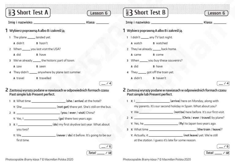 Brainy_kl7_Short_Tests_Unit_3_Lesson_6 | PDF Brainy Klasa 6 Testy Unit 3 Pdf