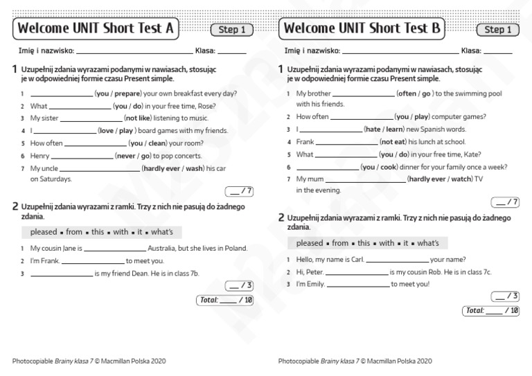 Test Z Angielskiego Klasa 7 Unit 1 Brainy