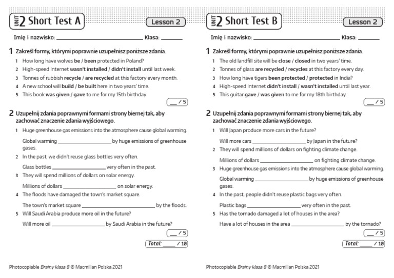 Brainy kl8 Short Tests Unit 2 Lesson 2 | PDF | Climate Change | Recycling Brainy Klasa 5 Testy Pdf Unit 2