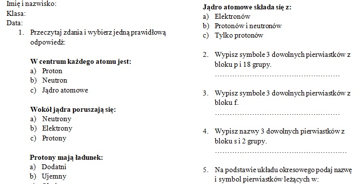 Budowa atomu-sprawdzian • Złoty nauczyciel Budowa Atomu Sprawdzian Nowa Era