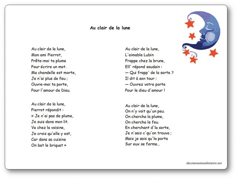 Chanson "Au clair de la lune" - Paroles illustrées Au clair de la lune Au Clair De La Lune Paroles