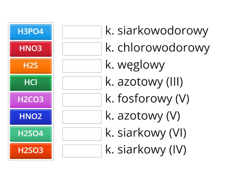 Chemia KL8 wsip kwasy tlenowe i beztlenowe - Połącz w pary Chemia Kwasy Klasa 8