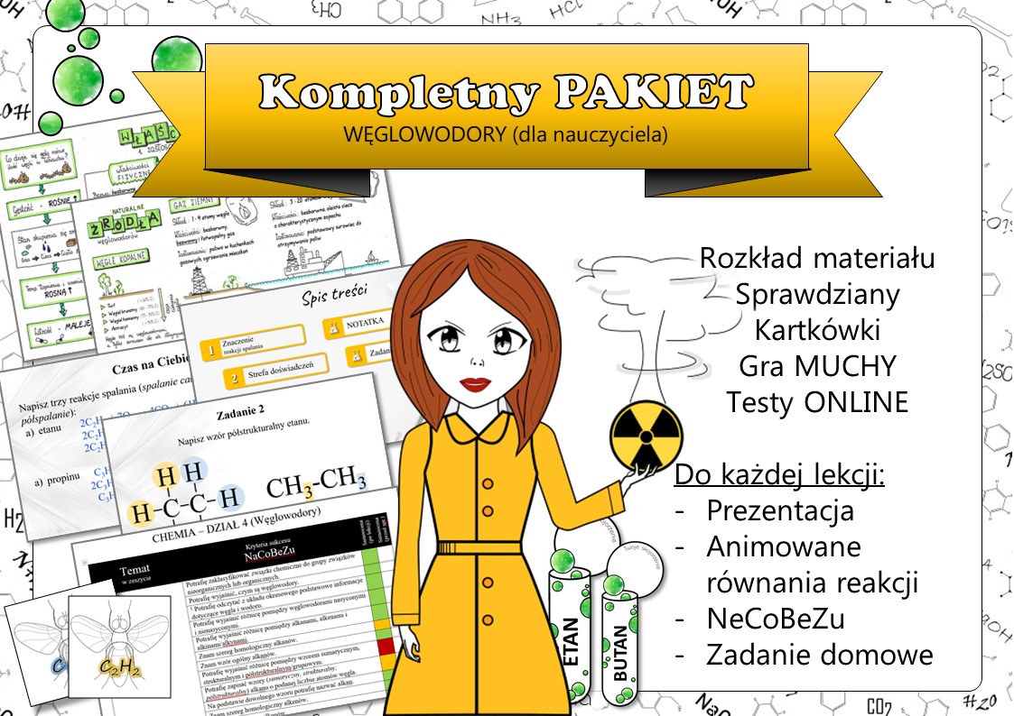 Chemia. Klasa 8. Węglowodory. Kompletny PAKIET materiałów do całego Chemia Klasa 8 Sprawdzian Weglowodory