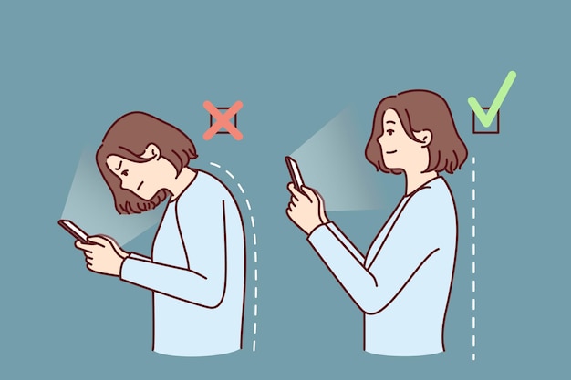 Chica con teléfono móvil demuestra una postura correcta e incorrecta Colgo Arriba El Telefono Correct Incorrect