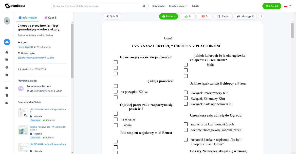 Chlopcy z placu broni a - Test sprawdzający wiedzę z lektury. - Wersja Chlopcy Z Placu Broni Test