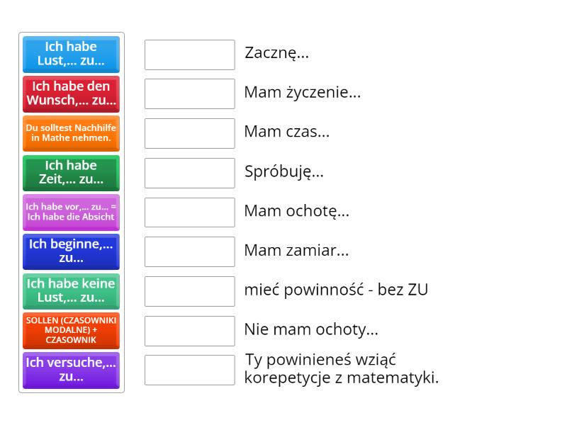 Ćwiczenie zwrotów Bezokolicznik z zu i bez zu - Połącz w pary Bezokolicznik Z Zu I Bez Zu Cwiczenia