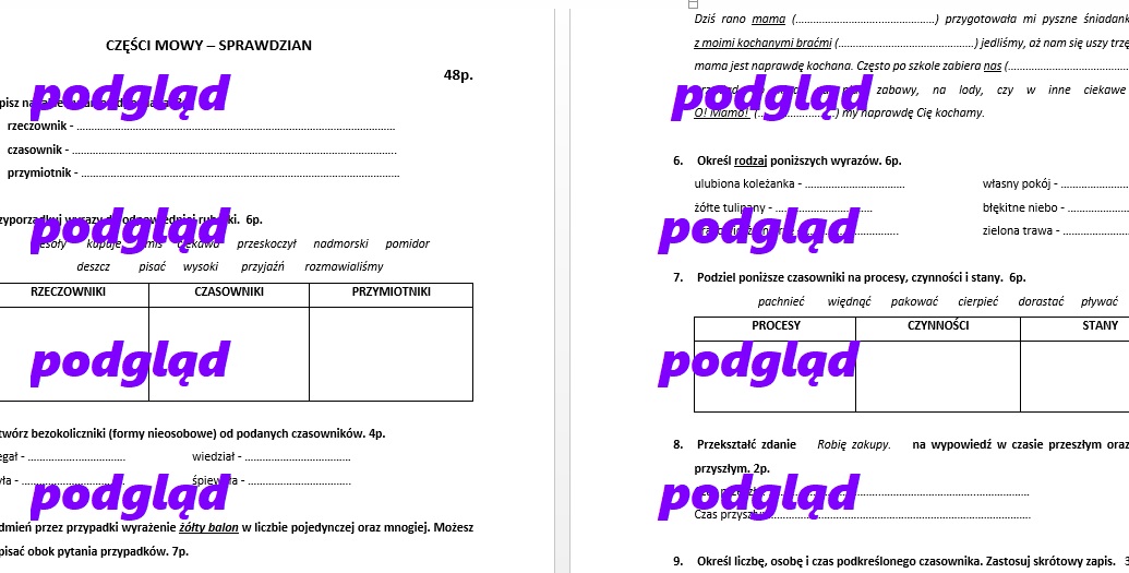 Czasownik, rzeczownik, przymiotnik - sprawdzian dla kl. 4, 5 • Złoty Sprawdziany Klasa 4