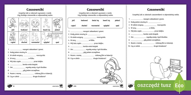 Czasowniki podstawowe | Uzupełnij zdania | Części mowy Przeczytaj Co Mowia Dzieci I Uzupelnij Zdania Wybranymi Imionami