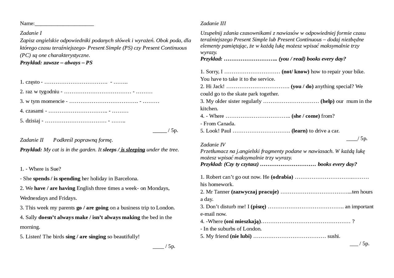 Angielski Test Unit 4 Klasa 6