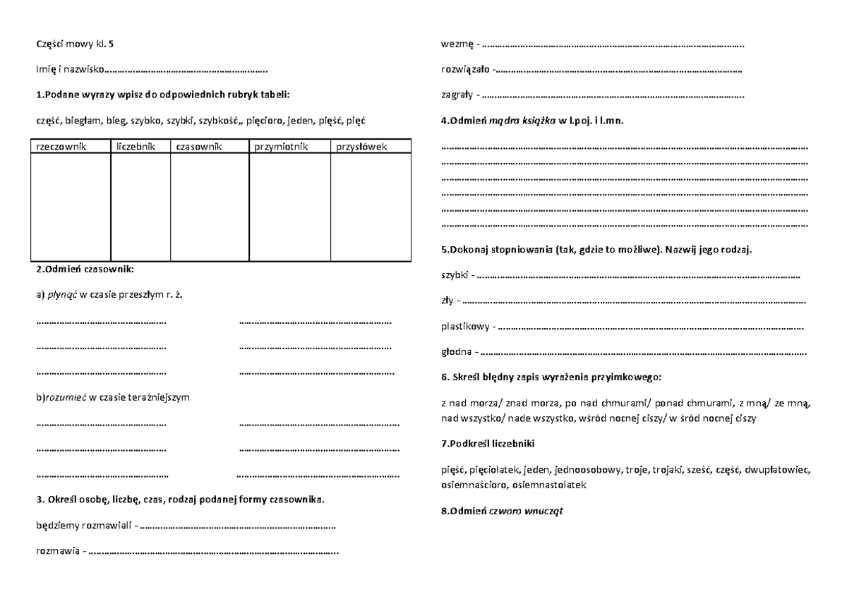 Czesci mowy - Części mowy - Części mowy kl. 5 Imię i - Studocu Sprawdzian Z Części Mowy Klasa 5 Pdf