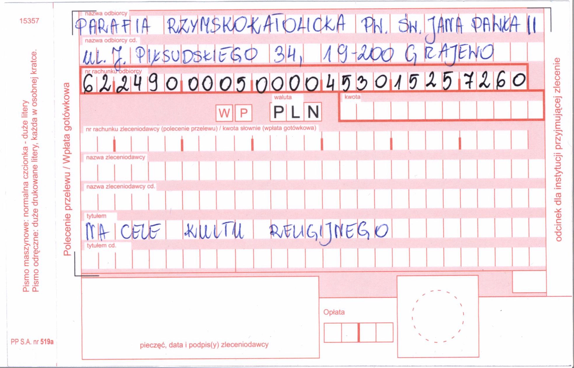 Darowizna na cele kultu religijnego NEW – Parafia pw. Św. Jana Pawła II Darowizna Na Cele Charytatywno Opiekuńcze