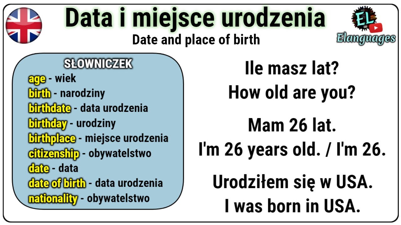 Data i miejsce urodzenia angielski słownictwo - Date and place of birth Ewa Kłobukowska Data I Miejsce Urodzenia
