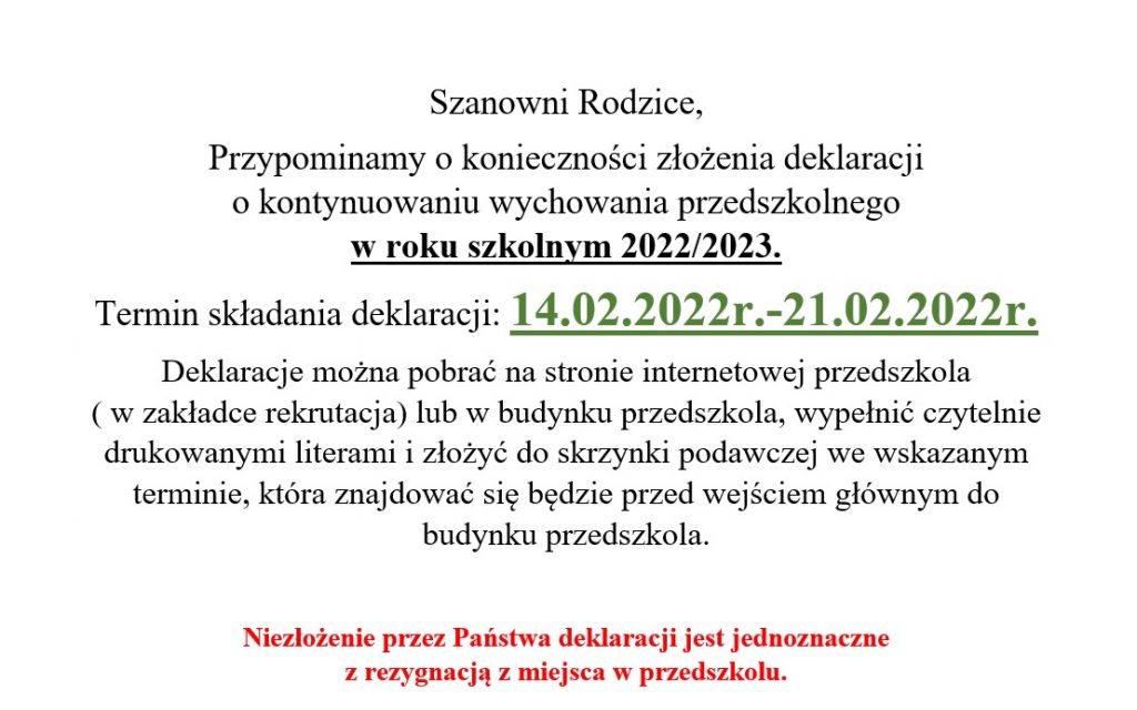 Deklaracje o kontynuowaniu wychowania przedszkolnego w roku szkolnym Deklaracja O Kontynuacji Wychowania Przedszkolnego Opole
