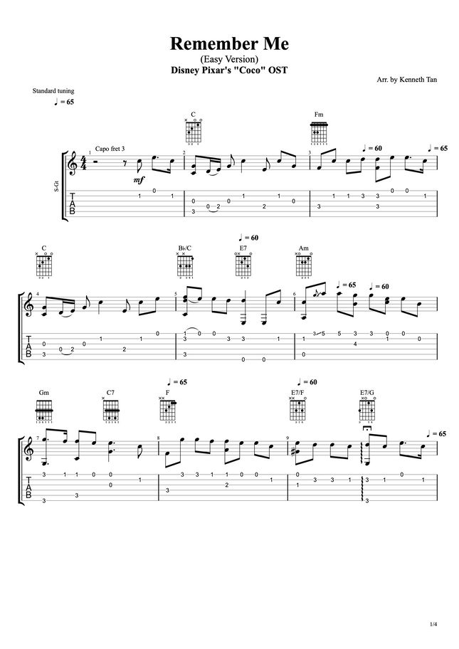 Disney Pixar's "Coco" OST - Remember Me (Easy Version) | Fingerstyle Coco Remember Me Guitar Tab