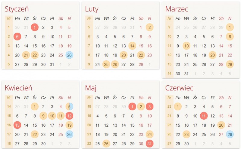 Kalendarz świąt Dni Wolne Od Pracy 2020