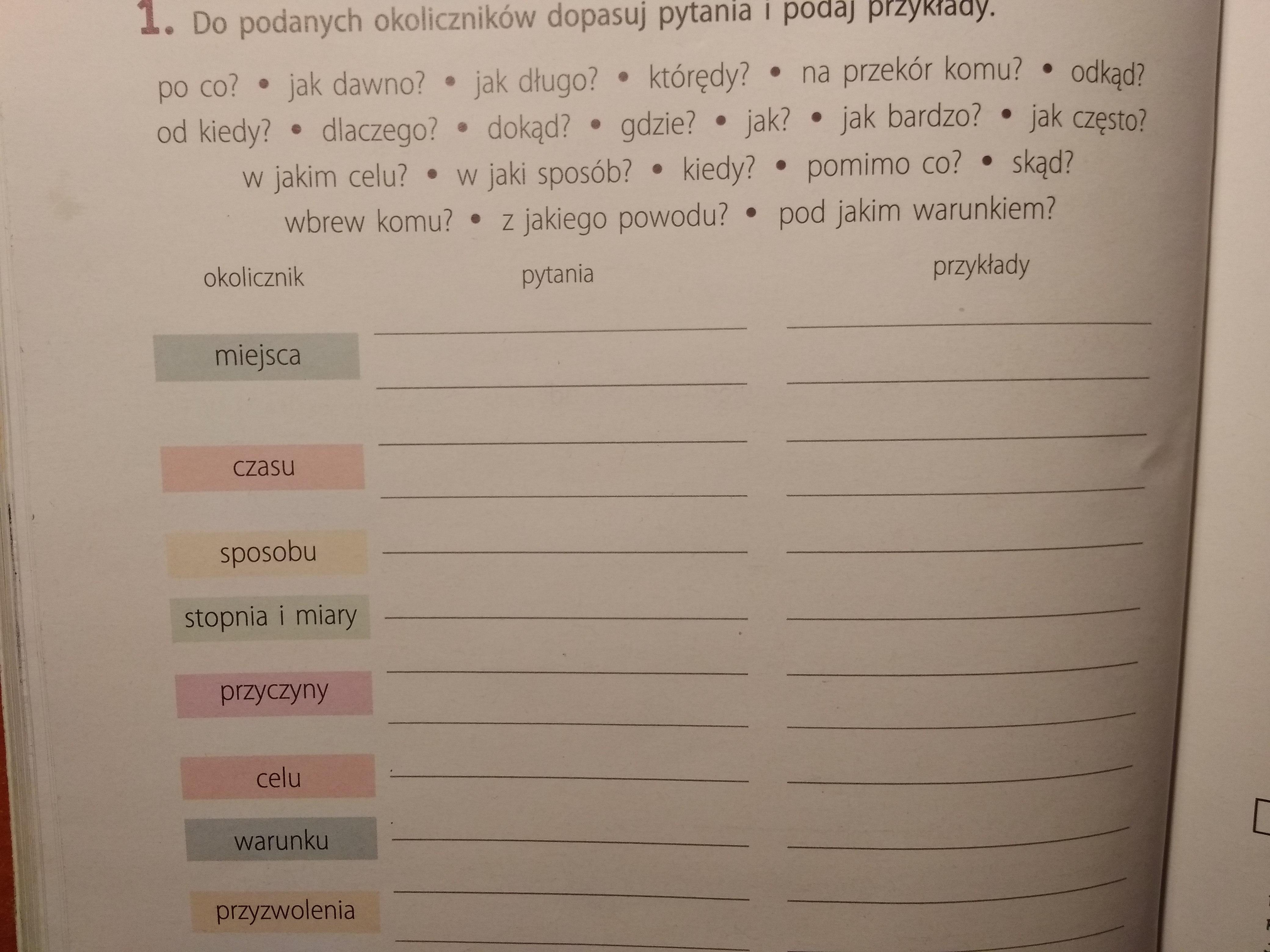 Do Podanych Okoliczników Dopasuj Pytania I Podaj Przykłady
