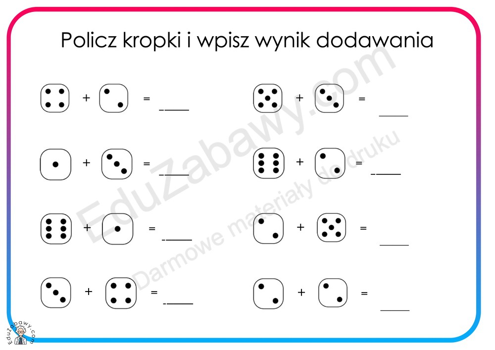 Dodawanie do 10 z kostką do gry: karty pracy PDF do druku za darmo Dodawanie I Odejmowanie Do 10 Karty Pracy Do Druku