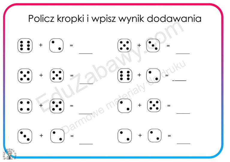 Dodawanie do 10 z kostką do gry: karty pracy PDF do druku za darmo Dodawanie W Zakresie 10 Karty Pracy