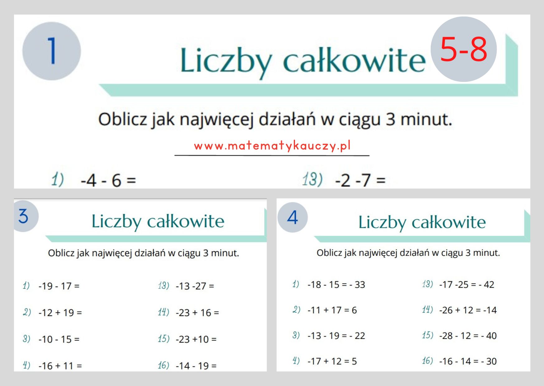 Dodawanie i odejmowanie LICZB CAŁKOWITYCH BEZ NAWIASÓW / Karty pracy Dodawanie Liczb Całkowitych Klasa 6