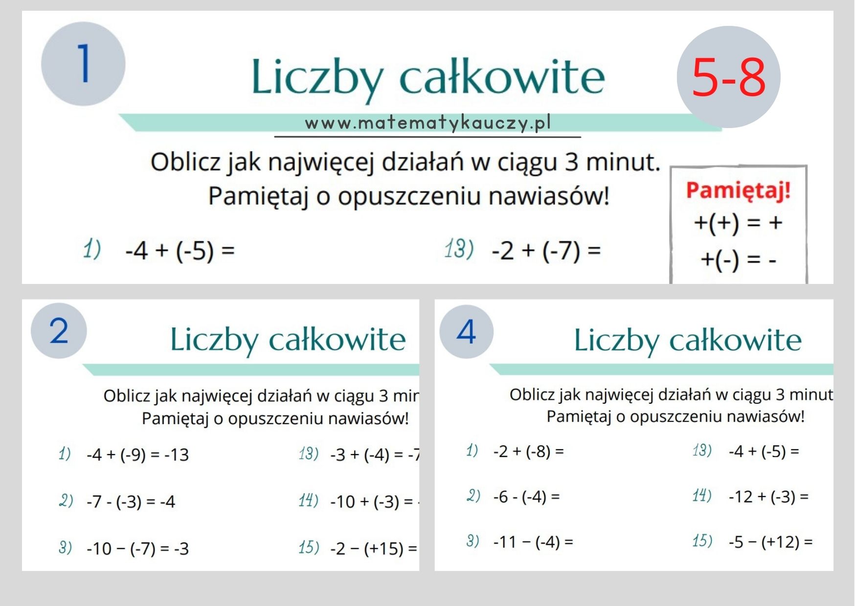 Dodawanie i odejmowanie LICZB CAŁKOWITYCH z NAWIASAMI / Karty pracy PDF ćwiczenia Z Matematyki Klasa 2