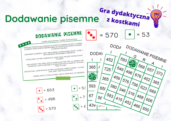 Dodawanie pisemne - gra dydaktyczna. • Złoty nauczyciel Dodawanie Pisemne Klasa 3 Karty Pracy
