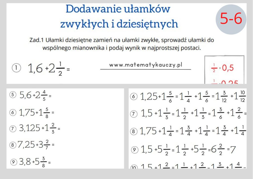Dodawanie I Odejmowanie Ulamkow Zwyklych Klasa 5 Karty Pracy Pdf