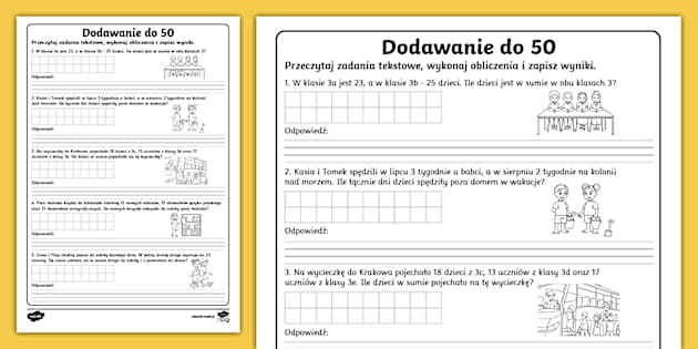 Dodawanie w zakresie 50 | Zadania tekstowe (Teacher-Made) Zadania Tekstowe Z Dzielenia Klasa 3