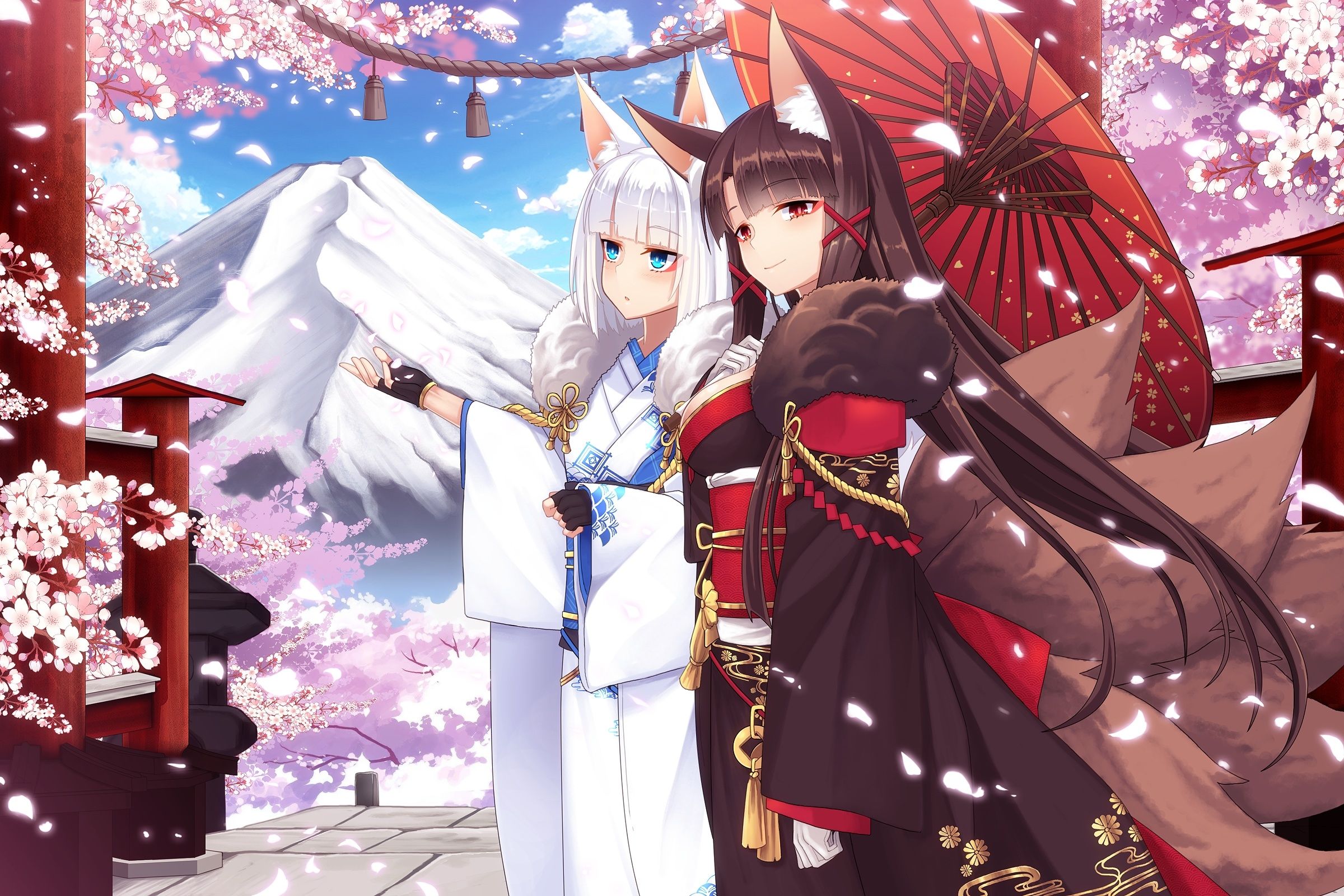 Download 2400x1600 Azur Lane, Akagi, Kaga, Kimono, Animal Ears, Sakura Akagi And Kaga Azur Lane
