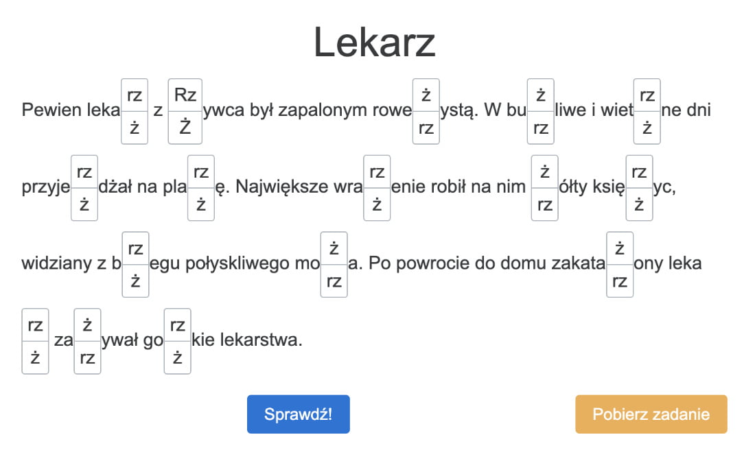 Dyktanda online dla klas 1, 2, 3 na rz i ż: Lekarz. Rozwiąż online i Dyktando Z Niewymiennym Klasa 2
