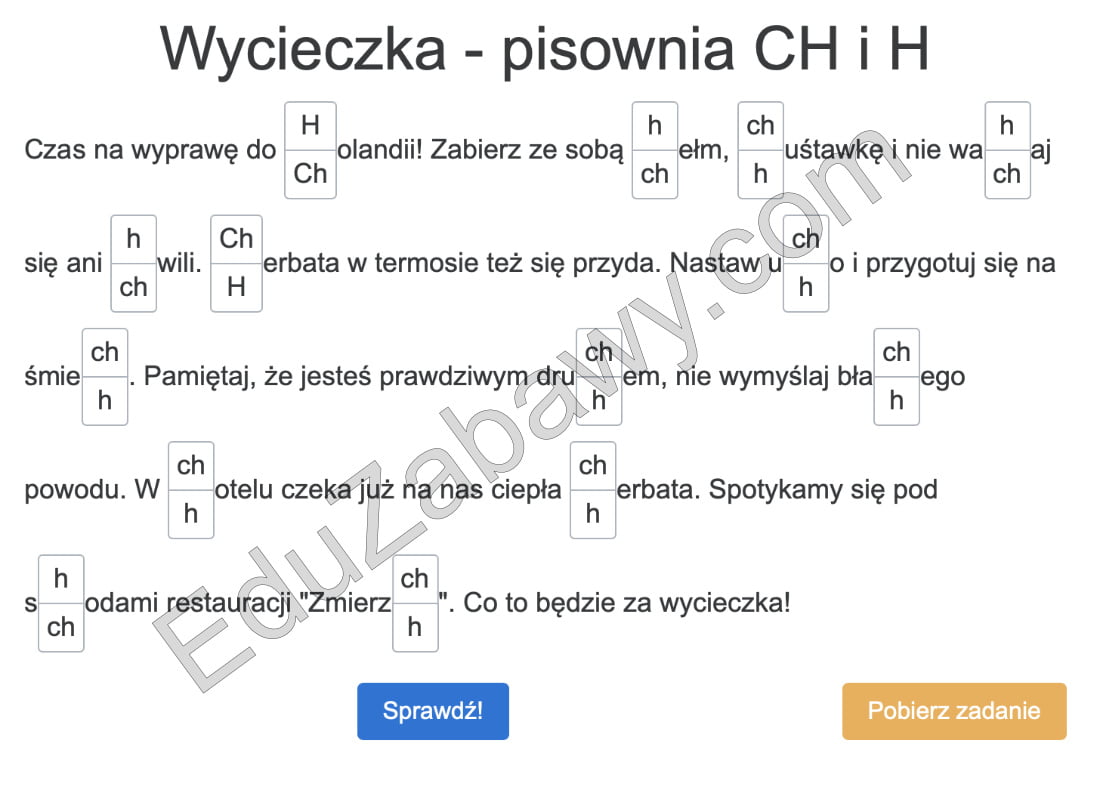 Dyktando online "Wycieczka" na pisownię CH i H dla klas 3, 4, 5 Dyktando Klasa 5 Rz ż Ch Hu ó