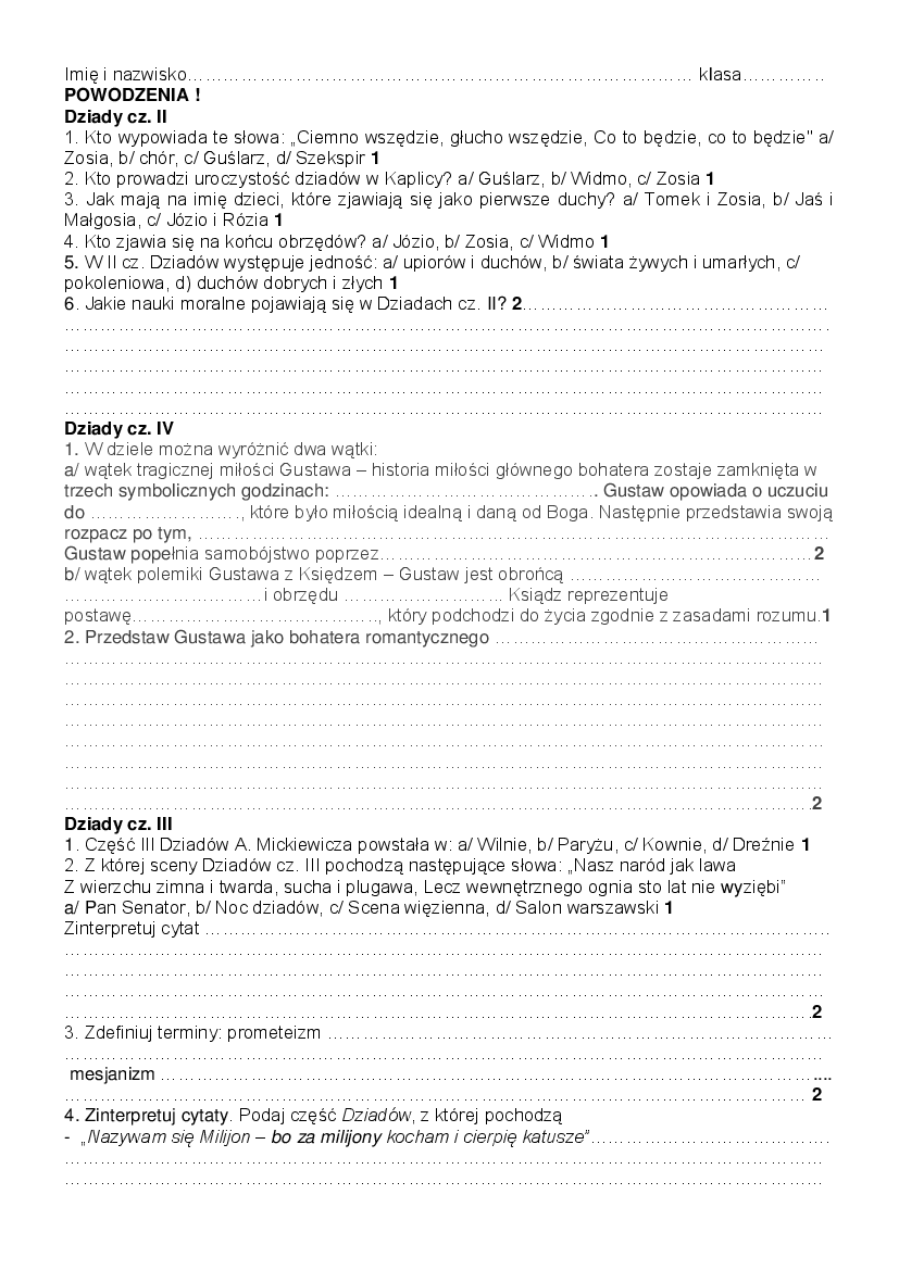 Dziady Cz 3 Test Odpowiedzi