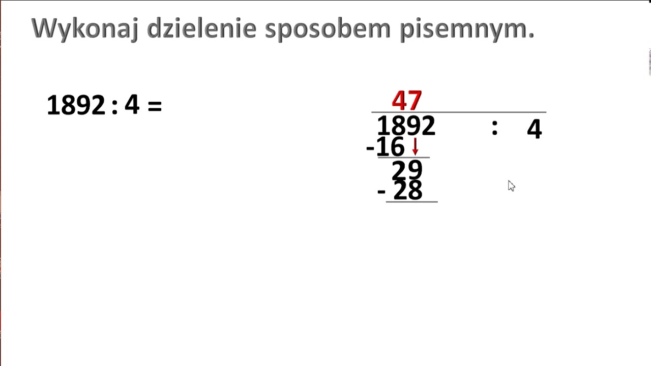 Dzielenie pisemne liczby wielocyfrowej przez 4 - przykład 1. - YouTube Dzielenie Pisemne Przez Liczby Wielocyfrowe