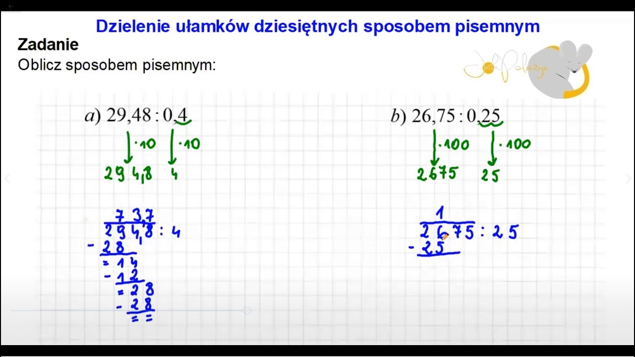 Dzielenie ułamków dziesiętnych sposobem pisemnym #jakpoliczyć - YouTube Dzielenie Ułamków Dziesiętnych Sposobem Pisemnym