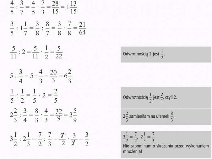 Dzielenie ułamków. Odwrotnością 2 jest 1/2. Odwrotnością 1/2 jest 2/1 Matematyka Wokół Nas Klasa 5 Część 1