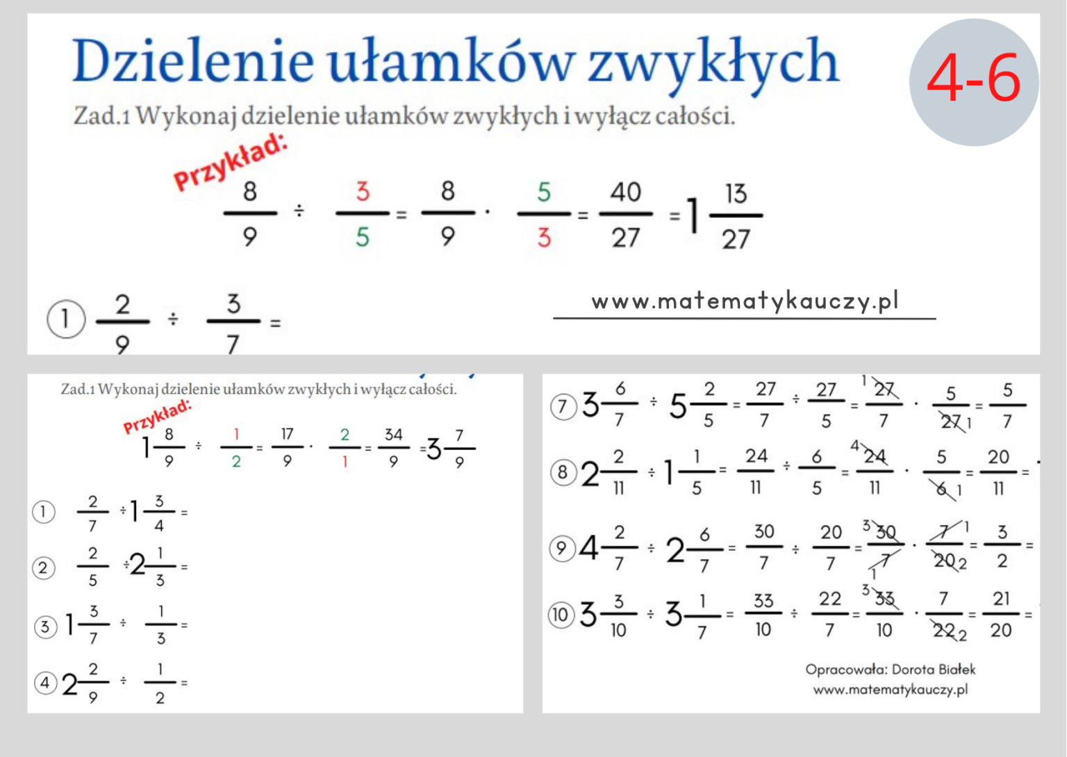 Dzielenie ułamków zwykłych / KARTY PRACY kl.4 – kl.6 PDF + ROZWIĄZANIA Dzielenie I Mnozenie Ulamkow