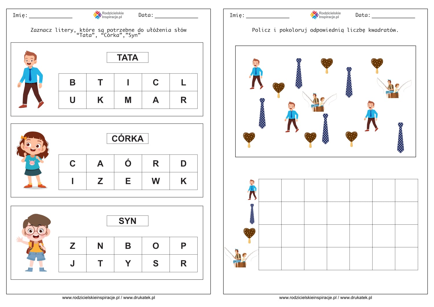 Dzień Taty. Karty pracy do druku [przedszkole, PDF] Ulamki Zwykle Karta Pracy Pdf
