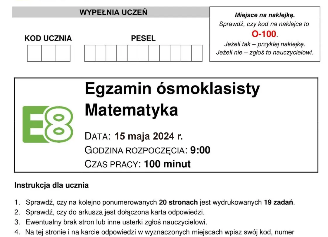 E8 2024 matematyka odpowiedzi - Matura i egzamin ósmoklasisty, arkusze Przykladowy Arkusz Egzaminacyjny Nr 8 Matematyka Odpowiedzi
