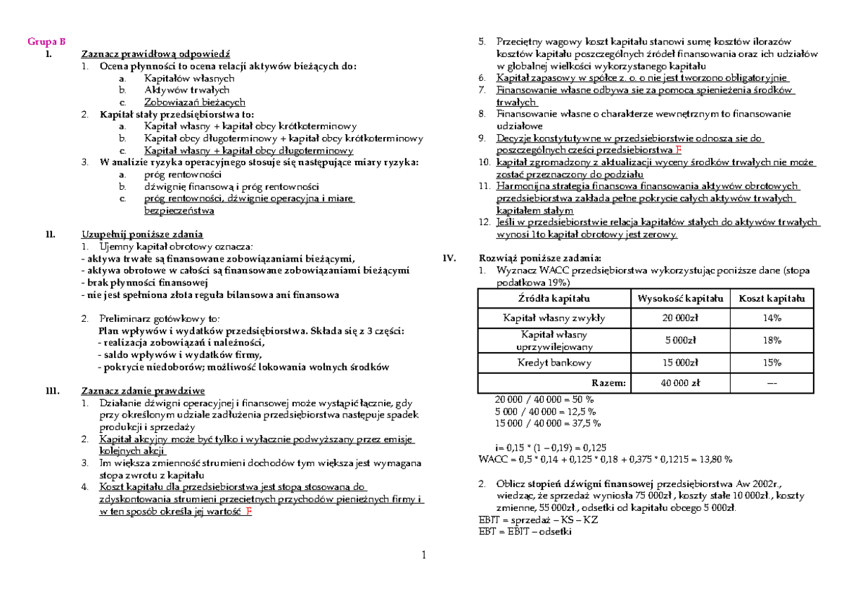 Egzamin czerwiec 2018, pytania i odpowiedzi - Grupa B I. Zaznacz 1 Sprawdzian Ze średniowiecza Grupa B