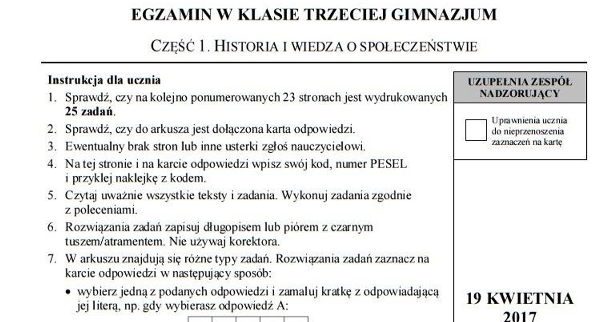 Egzamin Gimnazjalny 2017: Historia i WOS - Odpowiedzi i Arkusze Test Gimnazjalny Historia I Wos 2017