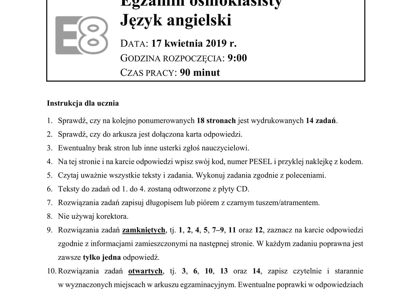 Egzamin ósmoklasisty 2019. Język angielski. MAMY ARKUSZ CKE, PYTANIA i Egzamin ósmoklasisty 2019 Jezyk Angielski Odpowiedzi