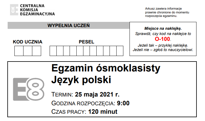 Arkusz Egzamin ósmoklasisty 2021 Polski