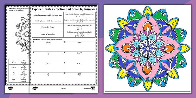 Eighth Grade Exponent Rules Practice and Color by Number Laws Of Exponents Color By Number Answer Key