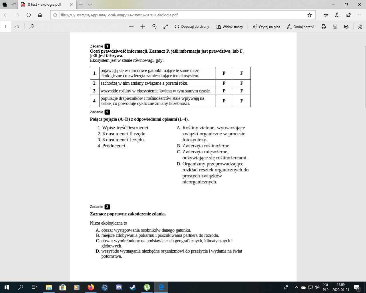 Ekologia Sprawdzian - Klasa 8 Sprawdziany Klasa 8