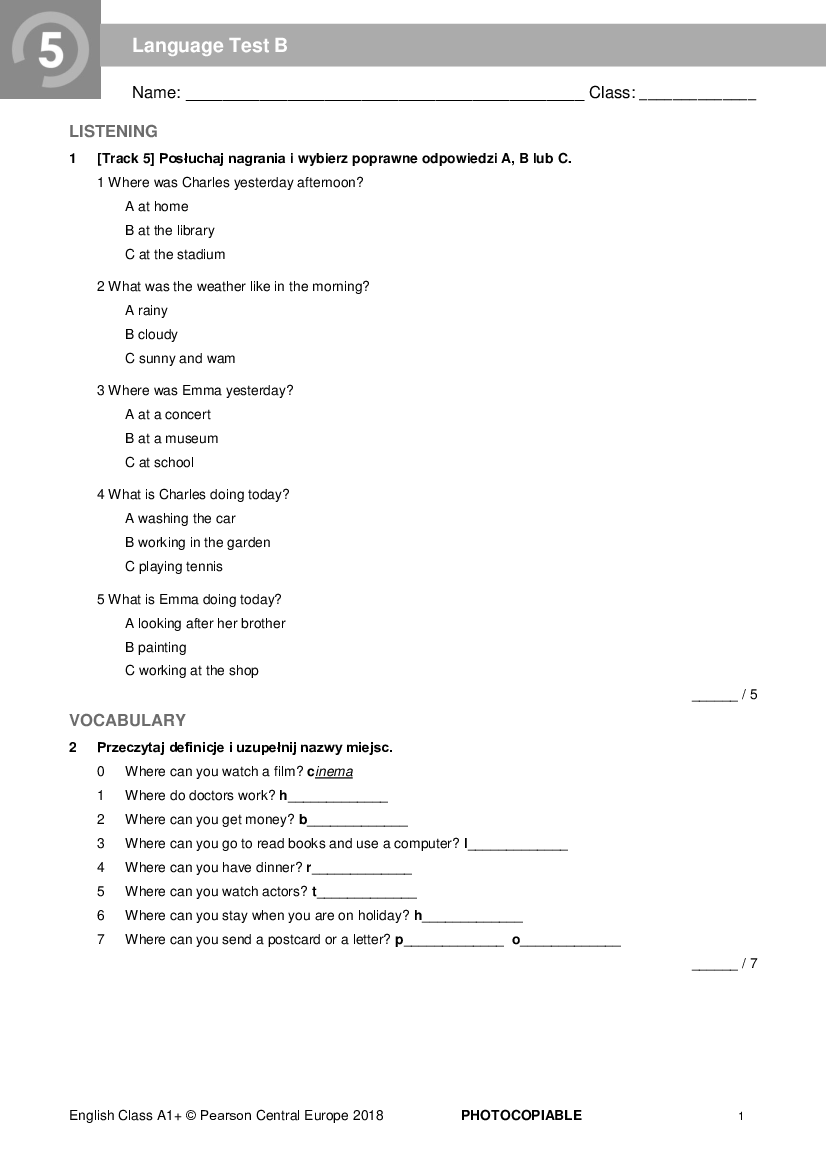 English Class A1 Sprawdzian