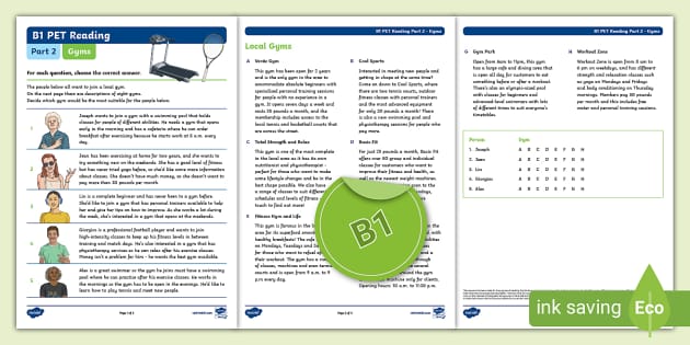 ESL B1 PET Reading Part 2 Worksheet (Gyms) (teacher made) English Class B1 Test Unit 2