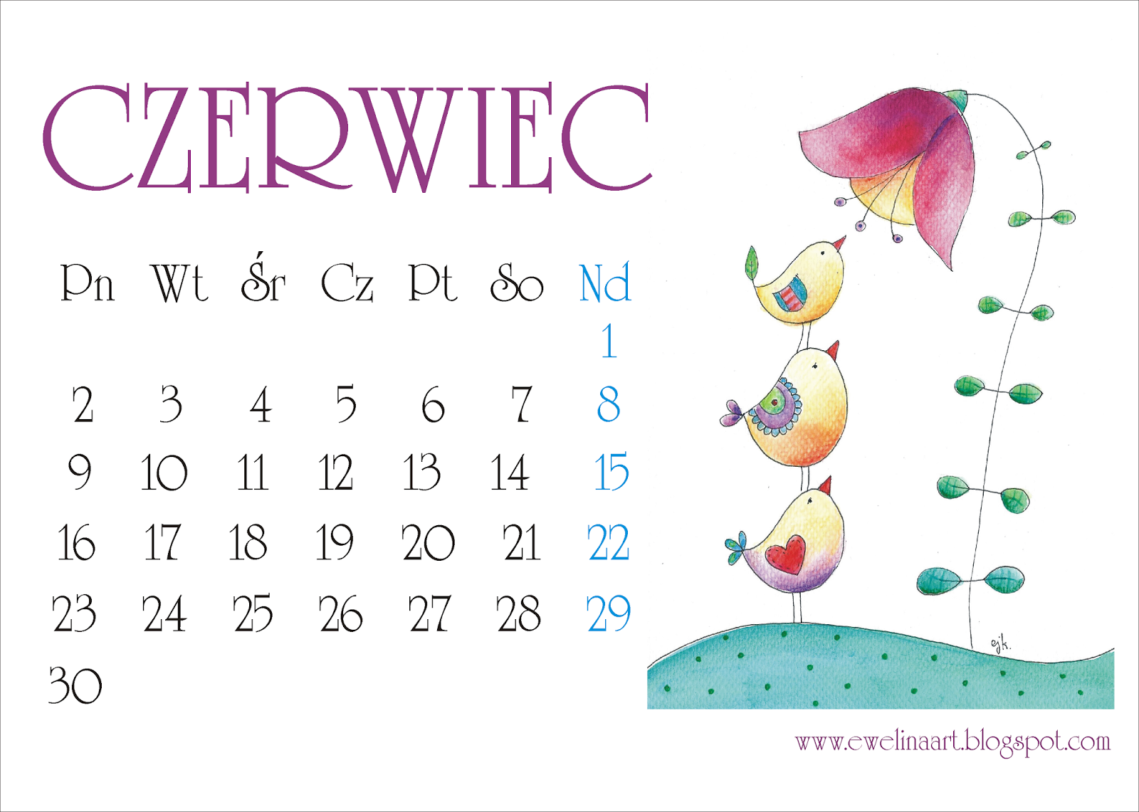 Ewelina Jaślan-Klisik ilustracje: Czerwiec - kartka z kalendarza Kartka Z Kalendarza Czerwiec 2016