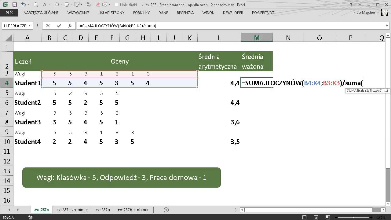 excel-287 - Średnia ważona - np. dla ocen - 2 różne układy wag - YouTube Kalkulator Sredniej Ocen Z Wagami