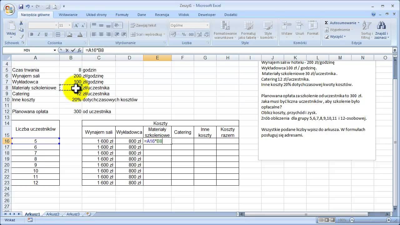 Excel: Koszty szkolenia - przykład arkusza - YouTube Analiza Kosztów W Układzie Kalkulacyjnym